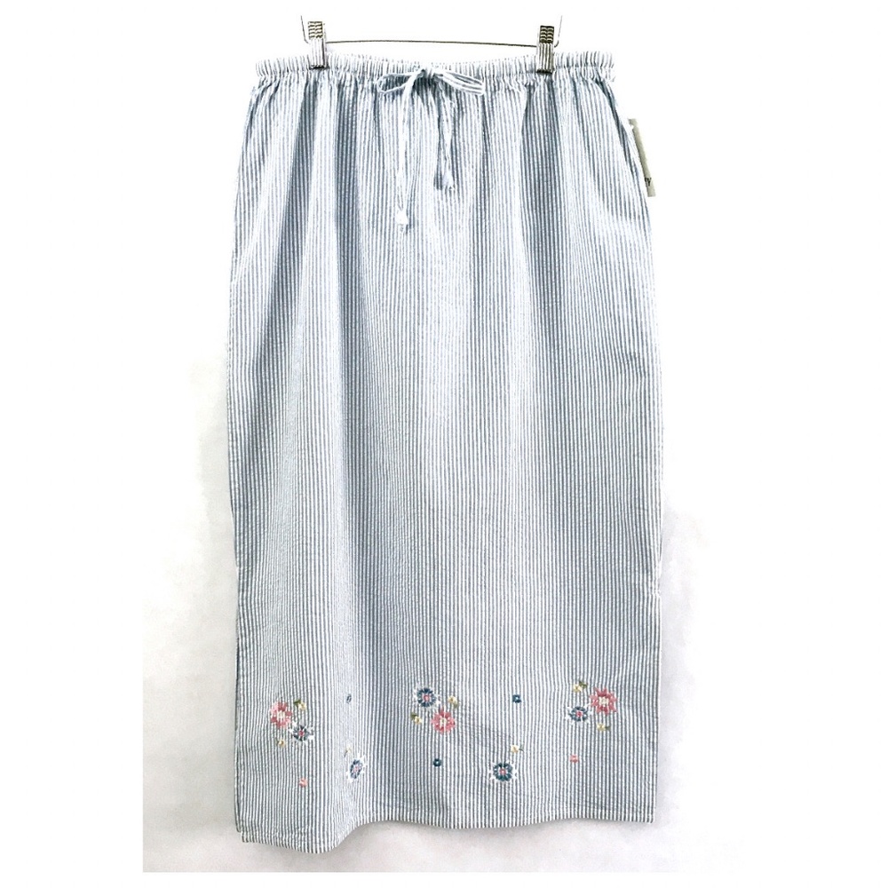 Capacity Blue White Seersucker Embroidered Longer Straight Cut Skirt